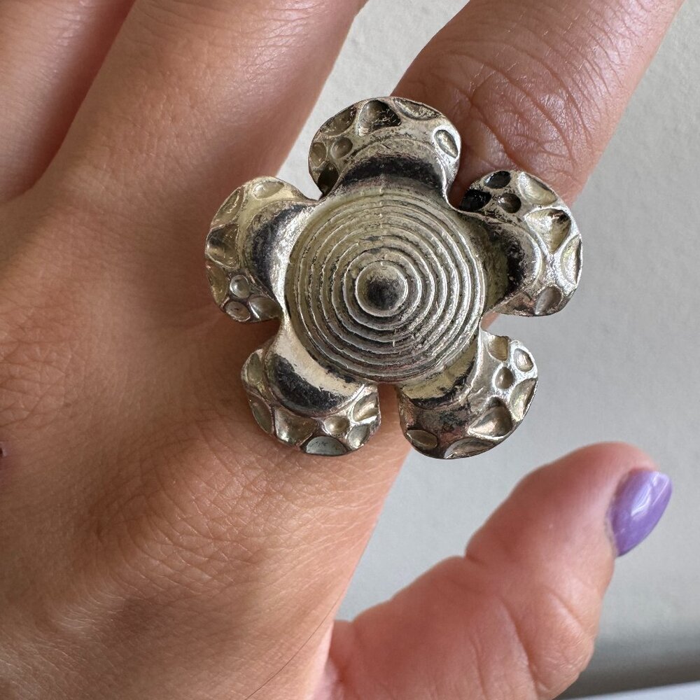 Silver Tone Floral Statement Ring Adjustable Band